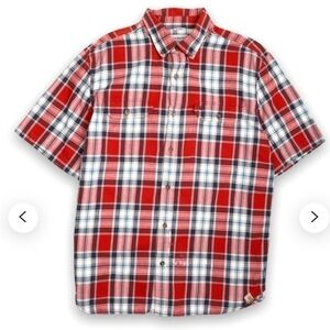 Carhartt Men's Red and Navy Plaid button down short sleeve shirt Size Large